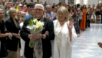 Martha Stewart Joins Designer Dennis Basso on Runway to Congratulate the Designer on 40 Years at NYFW