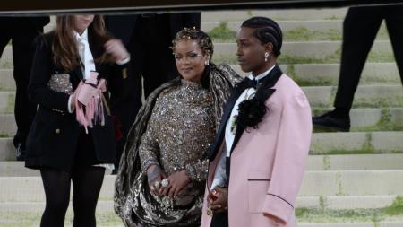 Rihanna and A$AP Rocky in custom Maison Margiela and Chanel ensemble at the 2026 Met Gala in New York City
