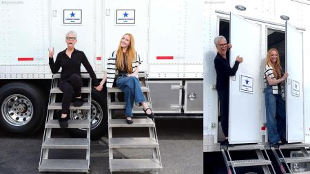 Freaky Friday cast members Jamie Lee Curtis and Lindsay Lohan reunite on set as production for sequel is officially underway
