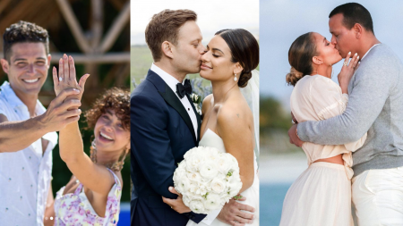 Jennifer lopez, alex rodriguez, Katy Perry, Orlando Bloom, Joe Jonas, Sophie Turner, Miranda Lambert, Tommy Lee, Brittany Furlan, Darren Criss, Mia Swier, Heidi Klum, Tom Kaulitz, Lea Michele, Idris Elba, Gina Rodriguez, Chris Pratt, Katherine Schwarzenegger, Katherine McPhee, David Foster, Dwayne Johnson, Justin Bieber, Hailey Baldwin, Jennifer Lawrence, Nicki Minaj, Hilary Duff, Matthew Koma, Scarlett Johansson, Colin Jost, Sarah Hyland, Wells Adams, Year in Review, 2019, Celeb Engagements, celeb marriage