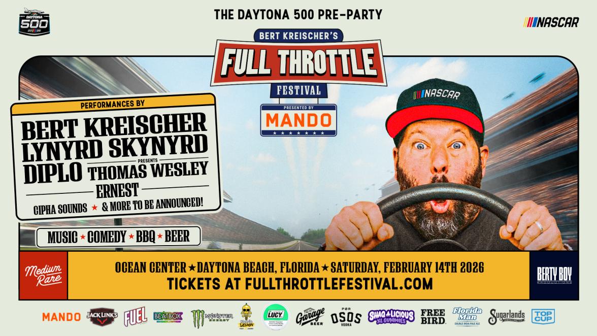 The 68th Daytona 500 kicks off the 2026 NASCAR Cup Series this Sunday — and race weekend gets an electrifying start with Bert Kreischer's first-ever Full Throttle Festival pre-party on Saturday